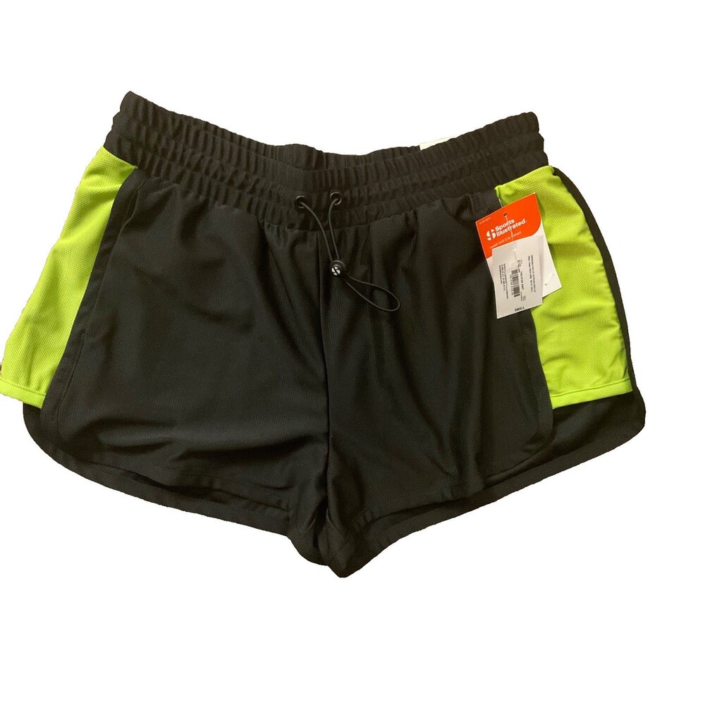Sports Illustrated Women's Black Lime 2-In-1 Mesh Athletic Shorts Size Small